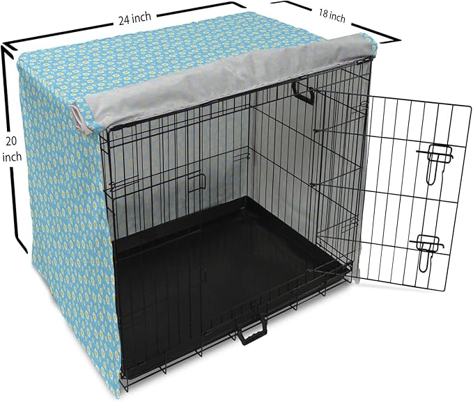 Lunarable Yellow and Blue Dog Crate Cover, Graphic Daisies Chamomiles Summer Nature Pattern with Dots, Easy to Use Pet Kennel Cover for Cats & Medium Dogs, 24 Inch, Aqua Marigold White
