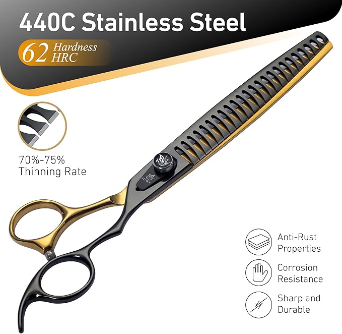 Fenice Peak 8'' Black Dog Grooming Scissors Goldern Chunker Dog Blending Scissors with Ergonomic Offest Handle and Pattern Screw Pet Grooming Thinner Blender Shears Durable and Sharp 440C