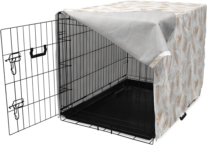 Lunarable Cream Dog Crate Cover, Fluffy Soft Flying Bird Feathers Hand Drawn Style Tender Nature Plumage Pattern, Easy to Use Pet Kennel Cover for Small Dogs Puppies Kittens, 18 Inch, Pale Tan White