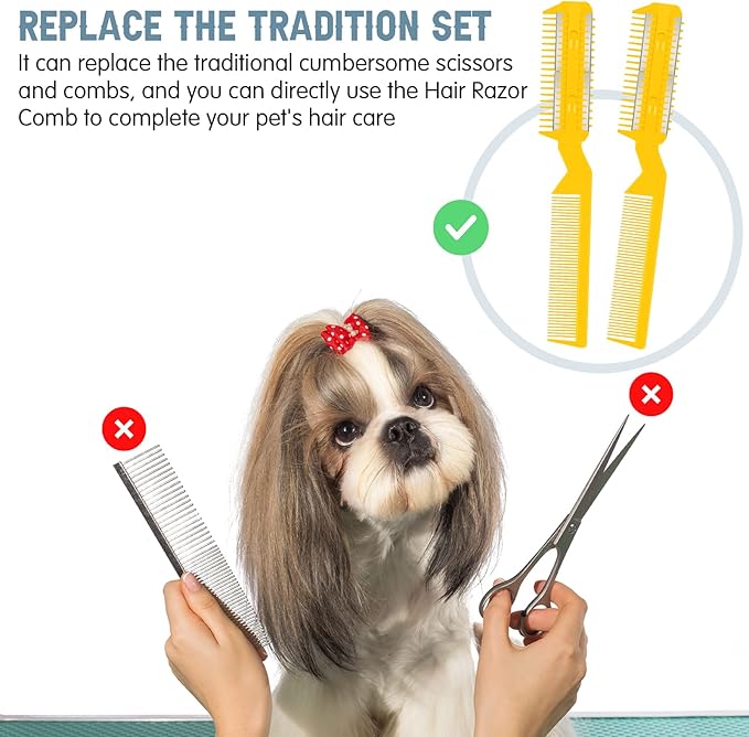 Yinkin 5 Pieces Razor Comb for Dogs Hair Grooming Trimmer for Pet Razor Comb with 25 Extra Blades Manual Dog Hair Trimmer Double Edge for Cats Hair Cutting Tool(Yellow)