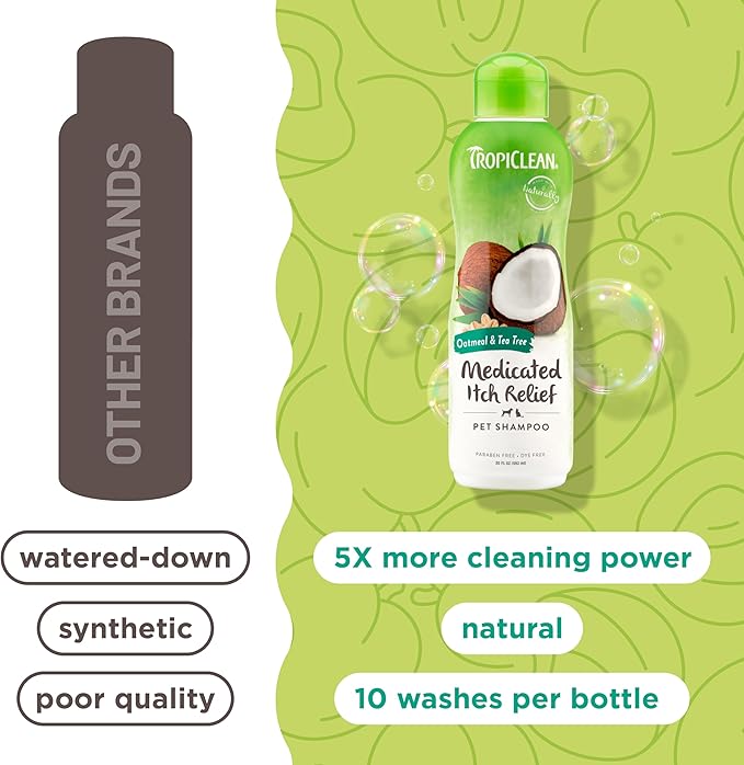TropiClean Oatmeal Dog Shampoo for Itchy Skin Relief, Soothing Medicated Itch Relief, with Vitamin E, Puppy Safe, Made in USA, Cat Friendly, 20 oz.