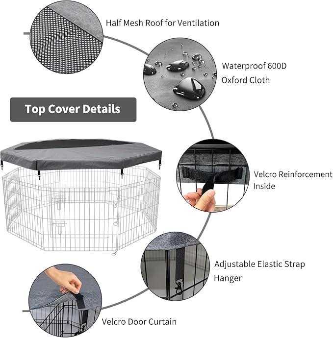 PETIME Top Cover Sun/Rain Proof Provide Shade and Security for Indoor Outdoor Dog Playpen Fits All 24" Wide 8 Panels Pet Exercise Pen (Playpen Not Included)