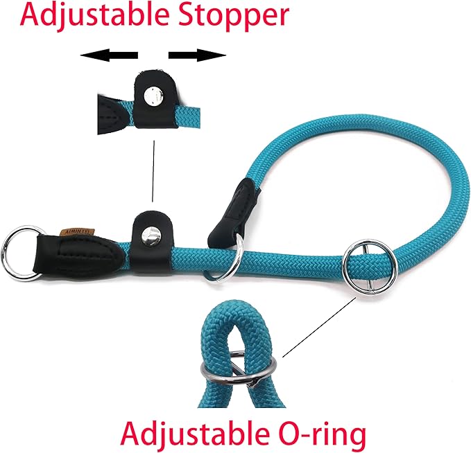 Braided Rope Collar, Training Dog Collar, Round Martingale Collar, Slip Collar with Adjustable Stopper and Slidable Stop Ring - Ideal for Small Dogs (S(1/4") - 14" Long, Light Blue)