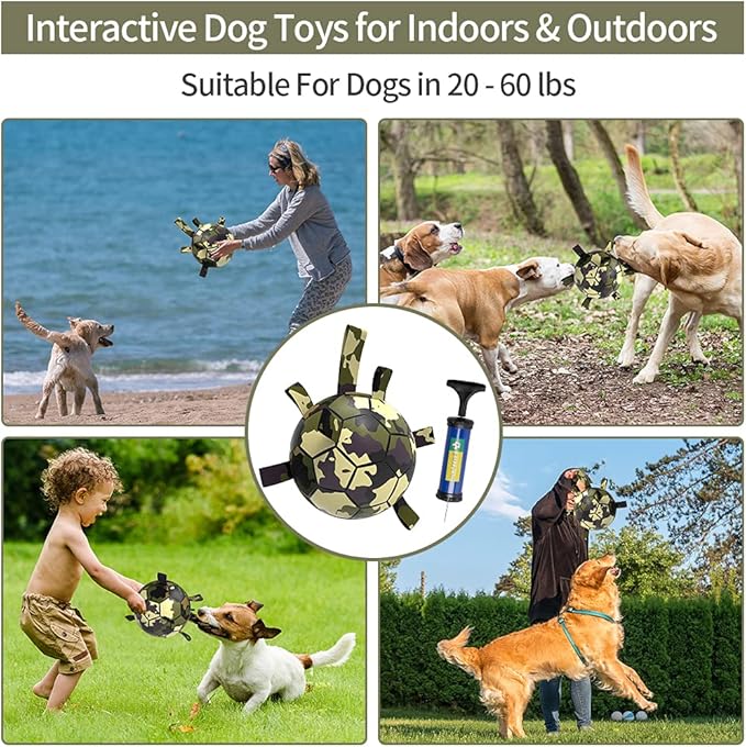 QDAN Dog Toys Soccer Ball, Interactive Dog Toys for Tug of War, Dog Tug Toy, Dog Water Toy, Durable Dog Balls for Medium & Large Dogs-Camouflage(8 inch)