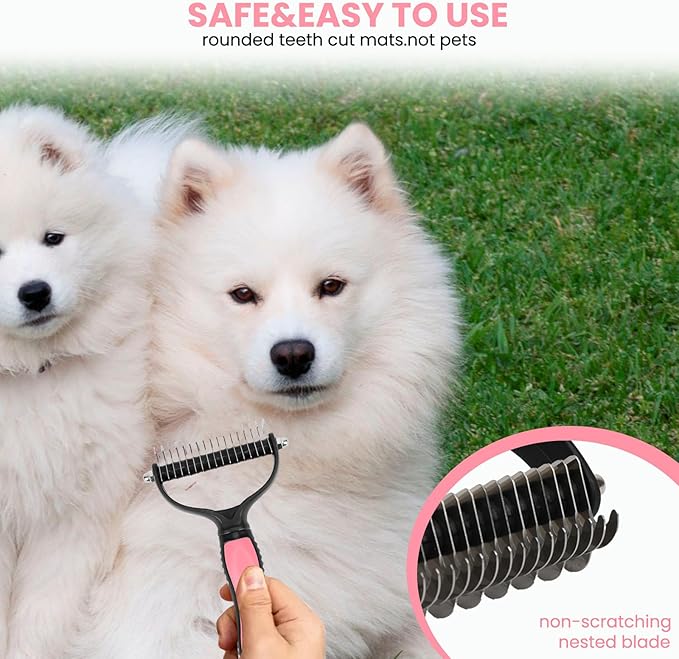 Pet Grooming Tool- 2 Sided Undercoat Rake for Dogs &Cats-Safe and Effective Dematting Comb for Mats&Tangles Removing (Pink)