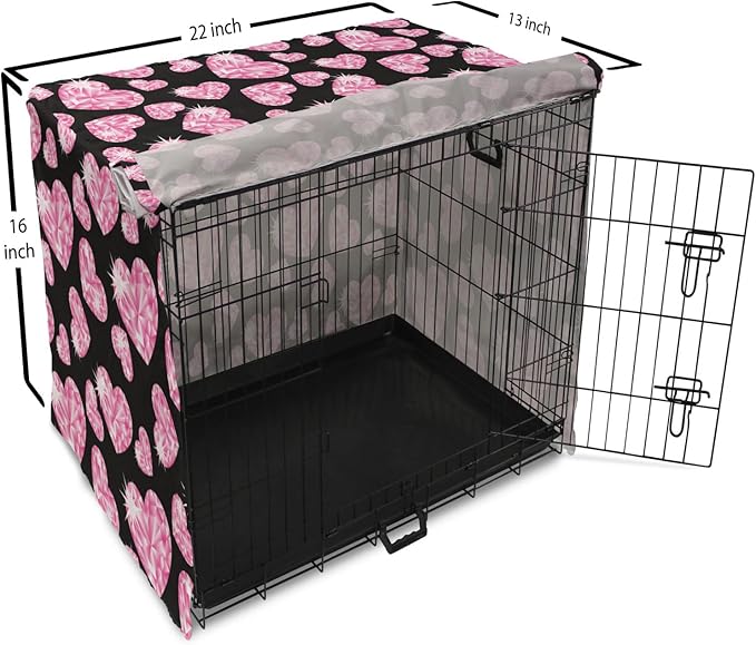 Ambesonne Diamonds Dog Crate Cover, Romantic Pink Heart Stones on Black Background Valentines Day Theme, Easy to Use Pet Kennel Cover for Small Dogs Puppies Kittens, 22 Inch, Pink Black