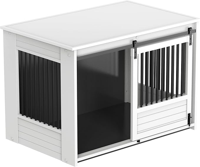 New Age Pet ECOFLEX Barn Door Dog Crate End Table - Antique White, X-Large - Durable Wood Plastic Composite with Stainless Steel Latch, Easy Assembly, 10 Year Warranty
