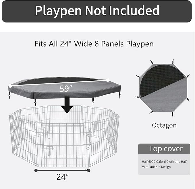 PETIME Top Cover Sun/Rain Proof Provide Shade and Security for Indoor Outdoor Dog Playpen Fits All 24" Wide 8 Panels Pet Exercise Pen (Playpen Not Included)