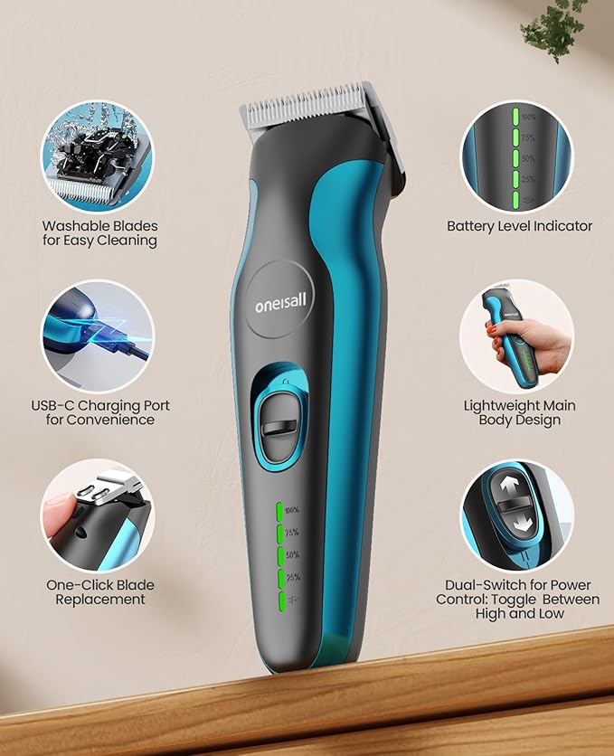 oneisall 2 in 1 Dog Clippers Grooming and Paw Trimmer, Cordless 50dB Quiet Rechargeable 2 Speed Dog Hair Clippers with Detachable Stainless Steel Blade for Small & Large Dogs Pets with Thick Coats