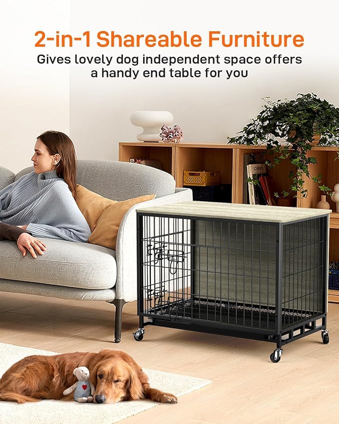 Dog Crate Furniture, Dog Kennel with Dual Doors, Removable Tray & 360° Wheels, Indoor for Large Dogs (Grey & Black, Large)