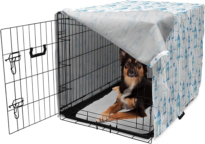 Lunarable Oriental Dog Crate Cover, Eastern Theme Celebration Pale Toned Composition Folkloric Look Print, Easy to Use Pet Kennel Cover for Medium Large Dogs, 36 Inch, Pale Green White Blue