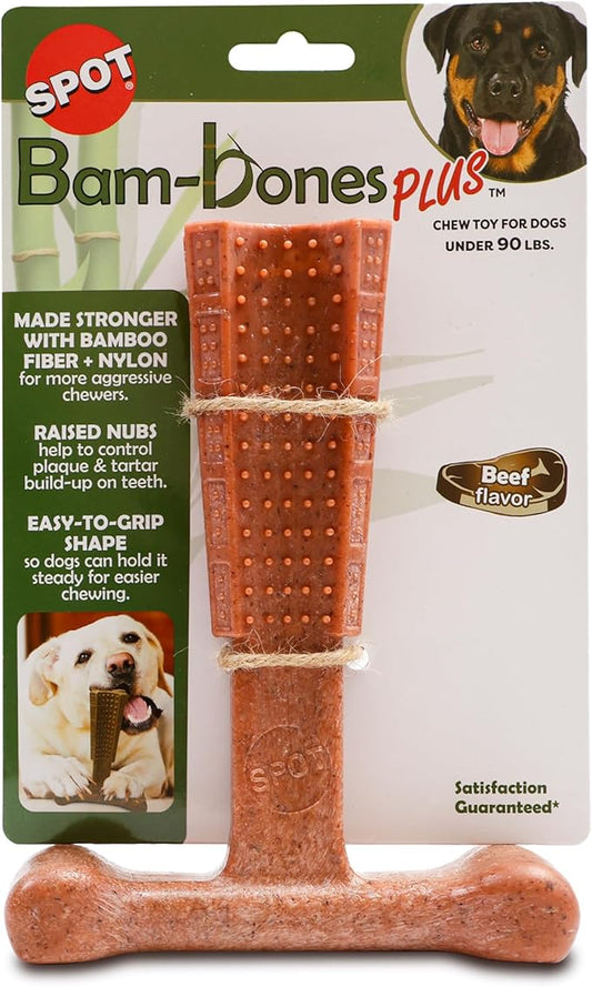 SPOT Bam-Bones Plus T Bone - Bamboo Fiber & Nylon, Durable Long Lasting Dog Chew for Aggressive Chewers – Great Toy for Adult Dogs & Teething Puppies Under 90lbs, Non-Splintering, 7in, Beef Flavor