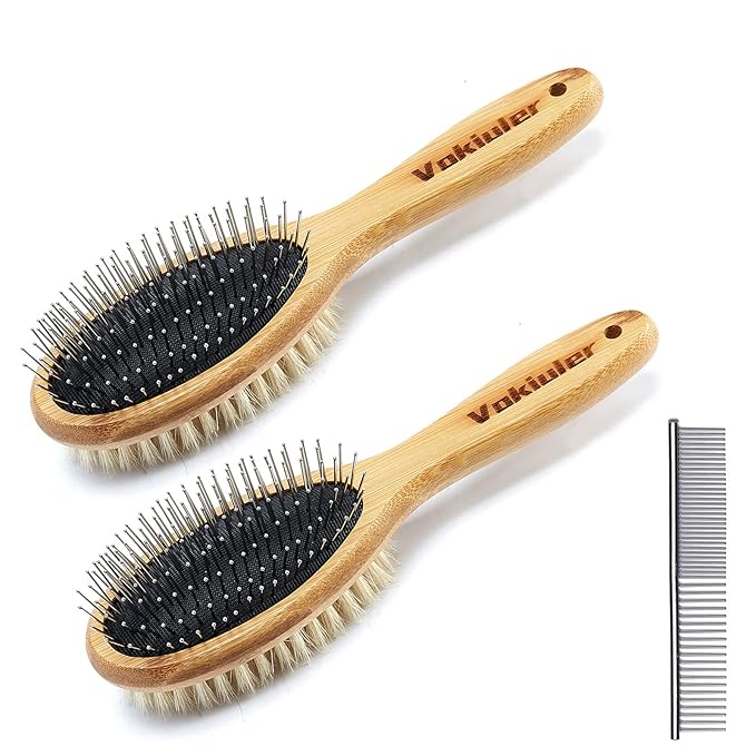 Double Sided Dog and Cat Brush - Bristle and Pin for Grooming, Real Boar Bristle With Bamboo Handle for Long Short Hair, 4 Pack Comb, Black+Yellow