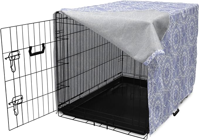 Lunarable Mandala Dog Crate Cover, Ceremonial Retro Minimal Far Eastern Pattern, Easy to Use Pet Kennel Cover for Small Dogs Puppies Kittens, 18 Inch, Lavender Blue and White