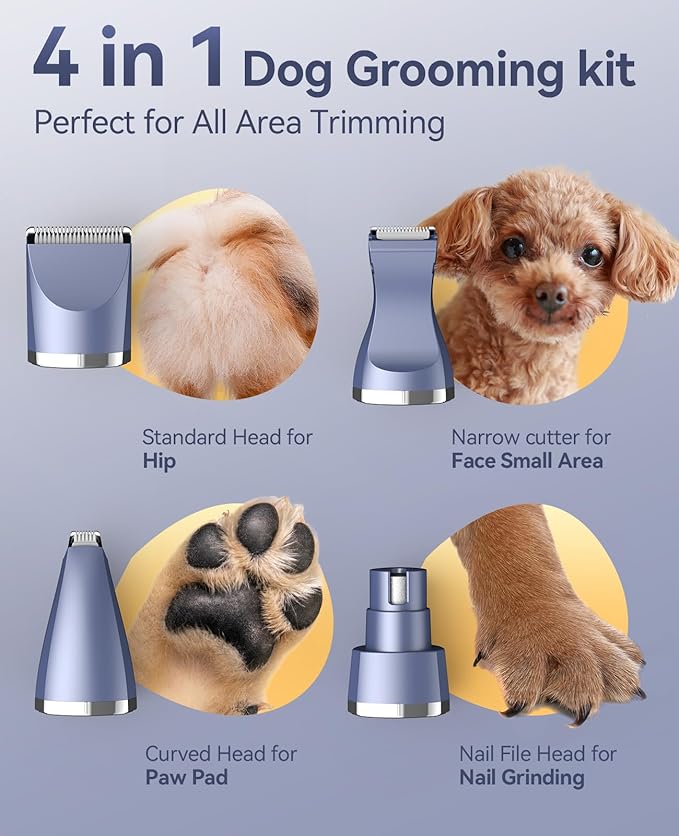 oneisall Dog Clippers Grooming Kit 4 in 1, Low Noise Dog's Paw Trimmer&Nail Grinder,IPX7 Waterproof Cordless Puppy Trimmer Shaver for Small Pets