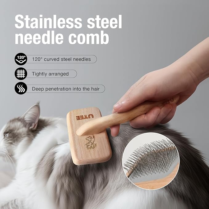 Slicker Brush Groom Like a Professinal Stainless Steel Pins, Lightweight Beech Wood Body, Ground and Polished Tips, Medium Pet Bruch