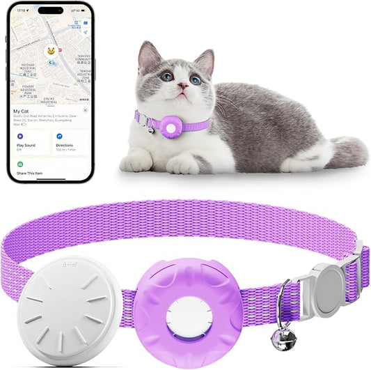 Pet Tracker for Cats, Compatible with Apple Find My App (Only iOS), Cat Tracker Collar with Safety Elastic Buckle, Cat GPS Tracker Works with Any Collar, No Monthly Fee, Waterproof, Purple