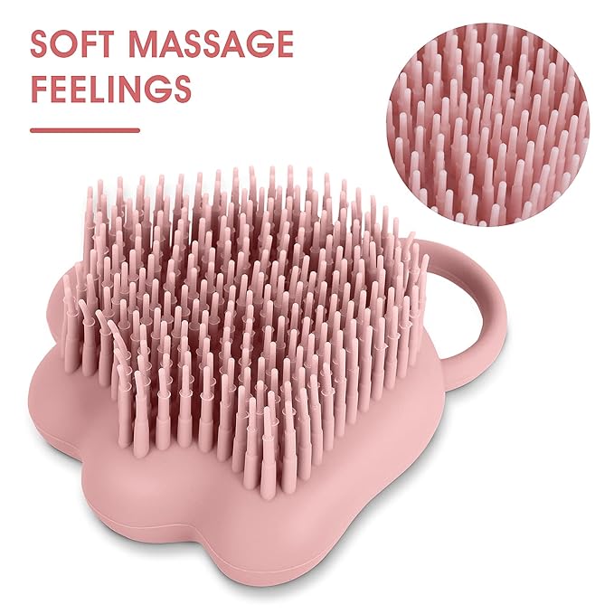 Molain Silicone Rubber Dog Cat Grooming Massage Brush - Hair Fur Cleaning with Soft Shampoo Dispenser (Pink Paw Shape)
