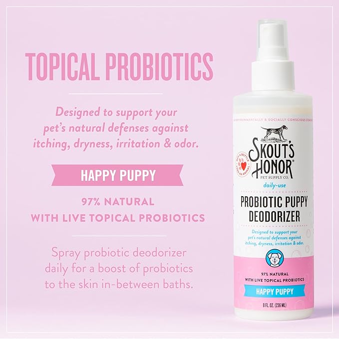 SKOUT'S HONOR Pet Deodorizer Spray- Hydrating Daily-Use with Avocado Oil & Omega-3s, Paraben & Sulfate-Free, 97% Natural, 8oz, Happy Puppy