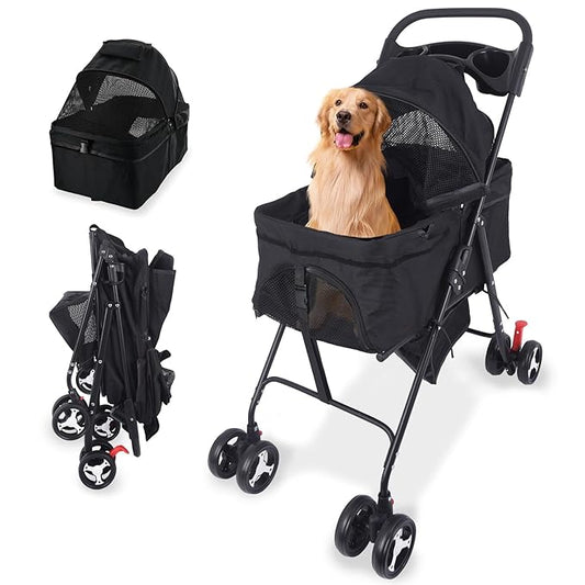 3 in 1 Dog Stroller, 4 Wheels Pet Stroller Dog Cat Stroller for Medium Small Dog Cats Up to 50lbs, Foldable Carrier Jogger Travel Puppy Stroller with Cup Holder & Breathable Mesh, Black