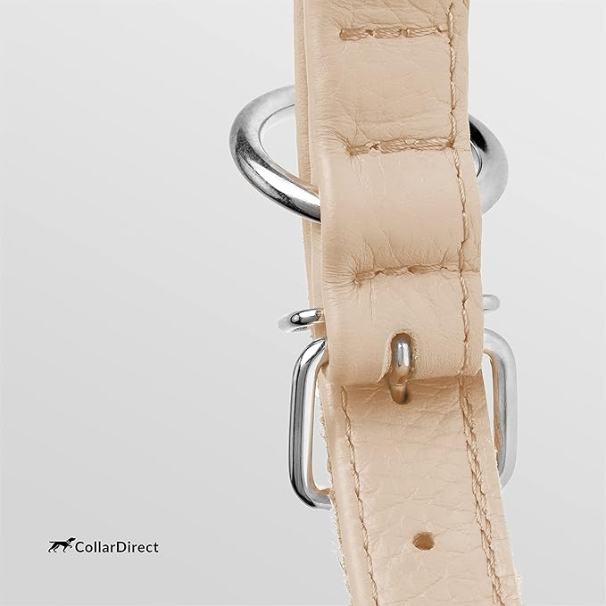 CollarDirect Rolled Leather Dog Collar, Soft Padded Round Puppy Collar, Handmade Genuine Leather Collar Dog Small Large Cat Collars 13 Colors (18-22 Inch, Beige Textured)