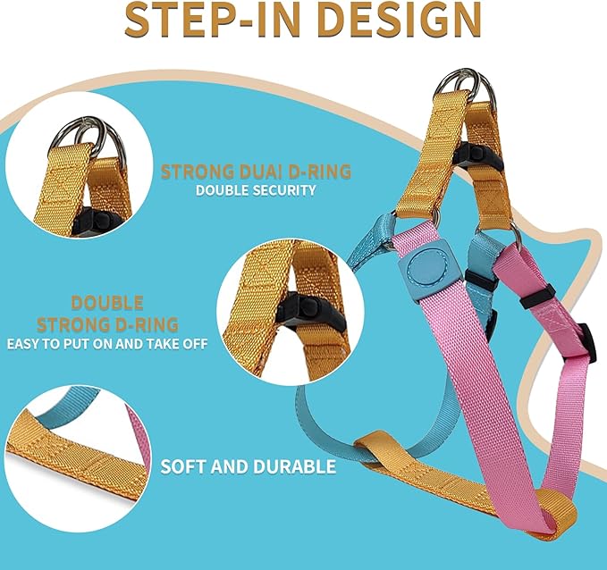 Tri-Color Dog Harness and Purple Pink Gradient Shock Absorbing Dog Leash Set,Step-in Freedom Dog Vest Harness,Strong Padded Handle to Help Stop Pulling for Large Dog Walking and Traning