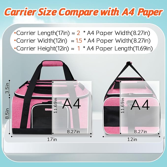 Petskd Top-Expandable Pet Carrier 17x12x8.5 Inches JetBlue Frontier Spirit Airline Approved, Soft-Sided Carrier for Small Cats and Dogs with Locking Safety Zippers and Anti-Scratch Mesh(Pink)