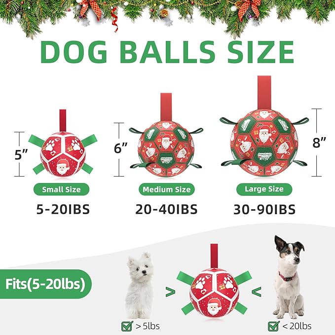 QDAN Christmas Dog Toys Soccer Ball with Straps, Outdoor Interactive Dog Toys for Tug of War, Puppy Birthday Gifts, Dog Tug Toy, Dog Water Toy, Durable Dog Balls for Small Dogs(5 Inch)