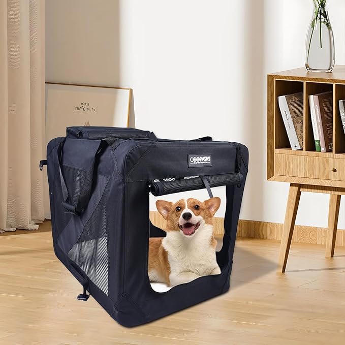 JESPET 36'' Soft Dog Crates Kennel for Pets, 3 Door Soft Sided Folding Travel Pet Carrier with Straps and Fleece Mat for Dogs, Cats, Rabbits, Grey Blue Beige & Black (36" L x 24" W x 27" H, Black)