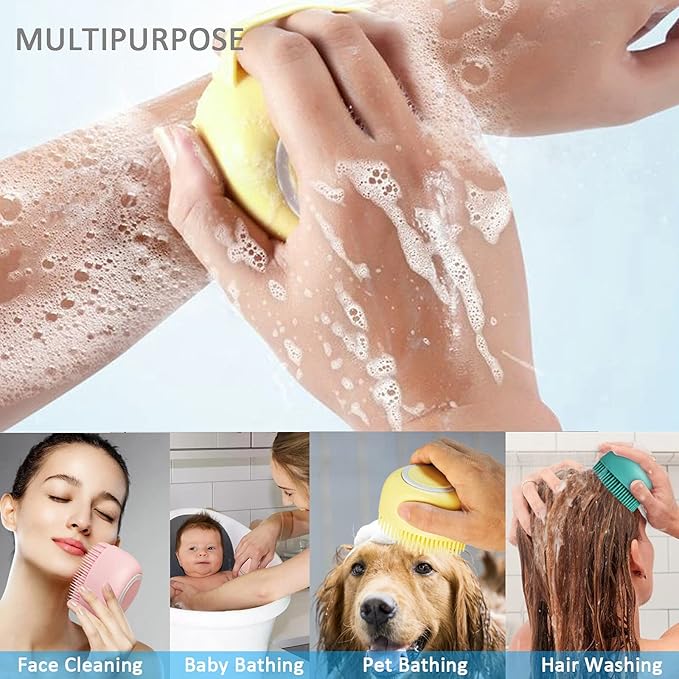 OTAVILEM Body Scrubber with Soap Dispenser for Shower, 3 Pack Silicone Exfoliating Brushes, Soft Body Exfoliator, Bath Loofah for Babies, Kids, Women, Men and Pets, 3 Colors (Heart Shaped)