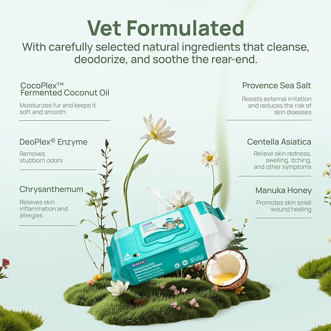 HICC PET Wipes for Dogs & Cats, Cleansing Deodorizing & Soothing Allergy Infections Anal Gland Pets Wipes with Coconut Oil - Dog Grooming Wipes for Butt and Paw - Hypoallergenic & Vet Recommended