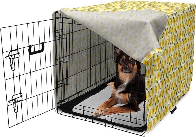 Lunarable Daffodil Dog Crate Cover, Retro Abstract Small Bedding Plants Flourishing Meadow Girls Design, Easy to Use Pet Kennel Cover for Medium Large Dogs, 36 Inch, Yellow Green Orange
