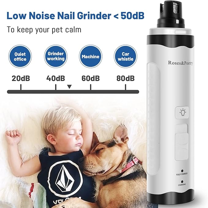 Roses&Poetry Nail Grinder with 2 LED Lighe and 3-Speed Electric Rechargeable Pet Nail Trimmer Painless Paws Grooming & Smoothing for Small Medium Large Dogs & Cats