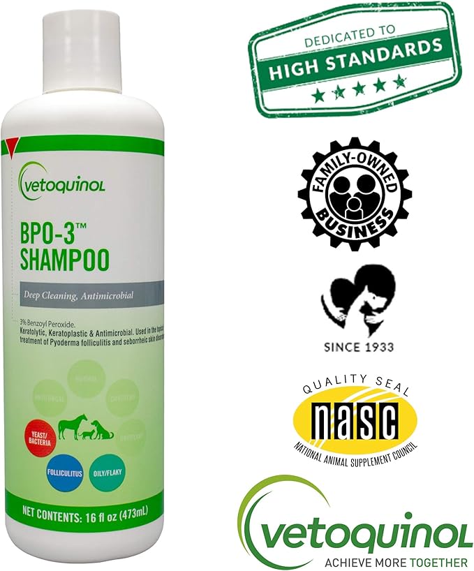 Vetoquinol BPO-3 Shampoo for Dogs, Cats & Horses (3% Benzoyl Peroxide) – 16oz – Deep Cleaning, Medicated Shampoo Opens & Flushes Hair Follicles – Degreases Oily Coats – Soothes Red, Flaky, Itchy Skin