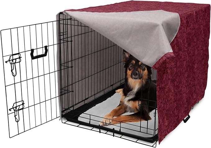 Lunarable Burgundy Dog Crate Cover, Cheerful Nature Inspired Gardening Pattern with Blooming Flowers Ornate Style, Easy to Use Pet Kennel Cover for Medium Large Dogs, 36 Inch, Burgundy Coral
