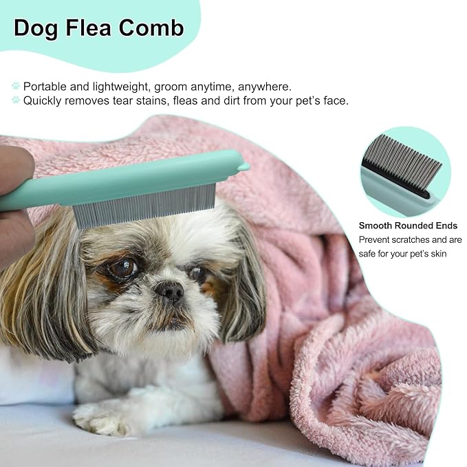 Cute Plastic Dog Comb with Stainless Steel Bristles and Furry Ears Design - Pet Grooming Tool for Removing Dirt and Tangles (Green)