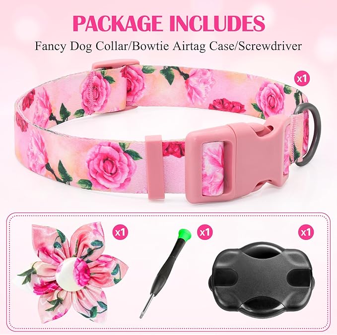 Airtag Dog Collar for Medium Dogs, Rose-Pink Dog Collars Girl with AirTag Holder Waterproof Airtag Case, Including Flower Spring Dog Collar Bowtie, for All Female Dogs 