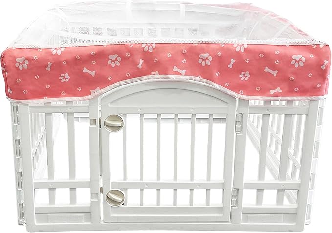 PJYuCien Dog Playpen Mesh Top Cover, Fits 36 Inch 4 Panels Regular Square Plastic Exercise Pet Pen, Adhesive Tape Connections, Pink Paw (Note: Cover Only, Fence Not Included)