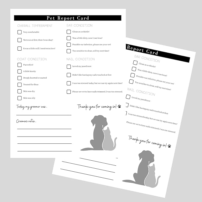 Pet Grooming Intake Forms, Consent & Release, Matted Coat Clip-Off Agreement, Pet Report Card | 50 pk, 25 of each, dbl sided | 8.5x11” Groomer Signature Client Grooming Tips Black and White Minimalist