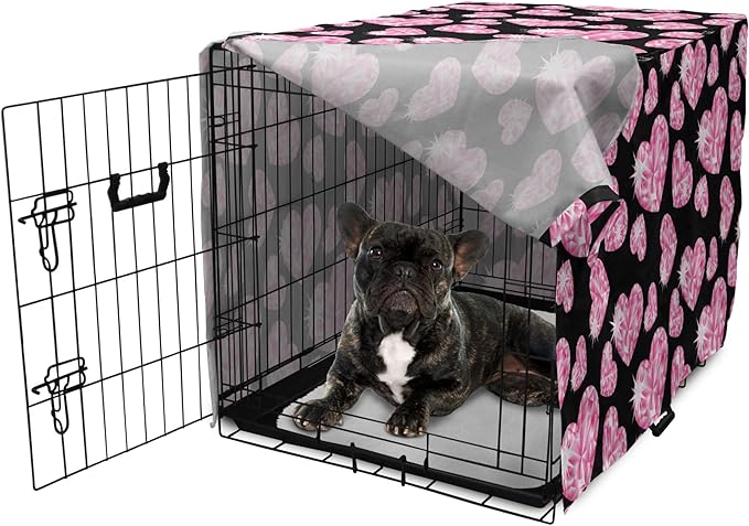 Ambesonne Diamonds Dog Crate Cover, Romantic Pink Heart Stones on Black Background Valentines Day Theme, Easy to Use Pet Kennel Cover for Cats & Medium Dogs, 24 Inch, Pink Black