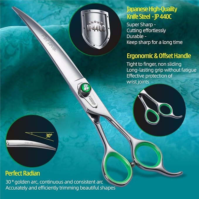 Professional Curved Dog Grooming Scissors 7.0 inch Downward Master Curved Grooming Shears for Dogs Pet Cat 30 Degree Japanese 440C Stainless Steel