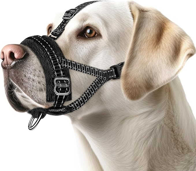 SlowTon Soft Dog Muzzle, Adjustable Padded Nylon Muzzle for Large Medium Dogs Anti Chewing Barking Biting, Allow Dog Pant & Drink(Black,Large