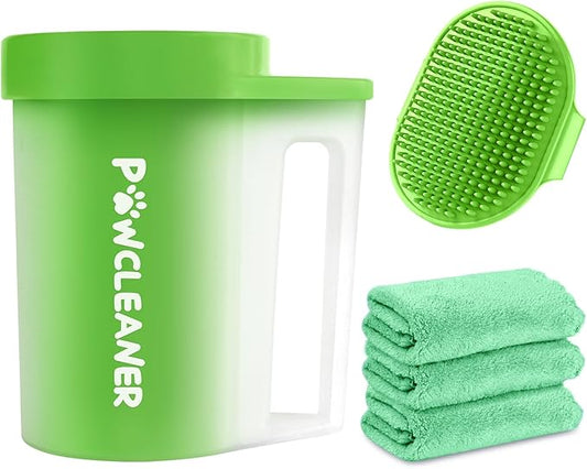 Paw Cleaner with Handle, Absorbent Towels & Adjustable Bath Brush for Medium Dogs (Buddy Muddy Pet Foot Washer, Green)
