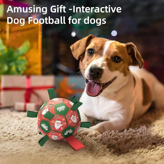 QDAN Christmas Dog Toys Soccer Ball with Straps, Outdoor Interactive Dog Toys for Tug of War, Puppy Birthday Gifts, Dog Tug Toy, Dog Water Toy, Durable Dog Balls for Medium & Large Dogs(8 Inch)