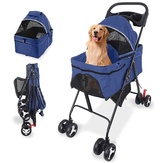3 in 1 Dog Stroller, 4 Wheels Pet Stroller Dog Cat Stroller for Medium Small Dog Cats Up to 50lbs, Foldable Carrier Jogger Travel Puppy Stroller with Cup Holder & Breathable Mesh, Blue