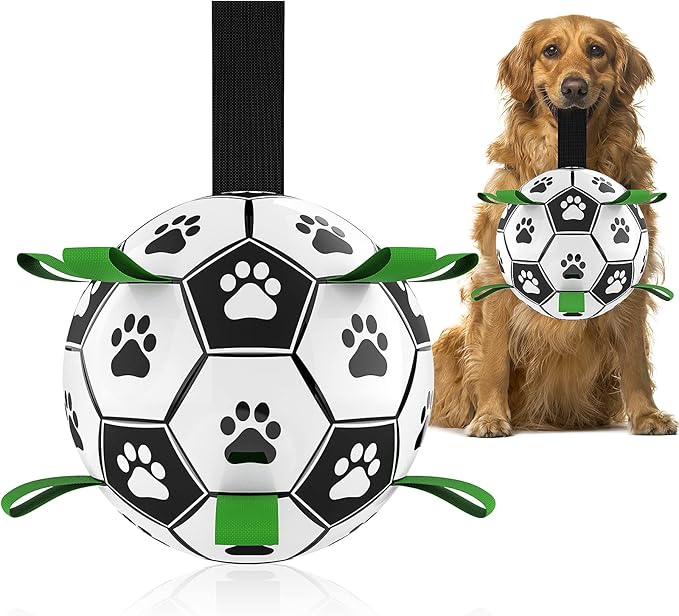 QDAN Dog Toys Soccer Ball with Straps, World Cup Interactive Dog Toys for Tug of War, Puppy Birthday Gifts, Dog Tug Toy, Dog Water Toy, Durable Dog Balls for Medium Large Dogs(8 Inch)
