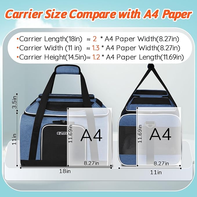 Petskd Top-Expandable Pet Carrier 18x11x11 Inches Delta American United Airline Approved, Soft-Sided Carrier for Small Cats and Dogs with Locking Safety Zippers and Anti-Scratch Mesh(Blue)