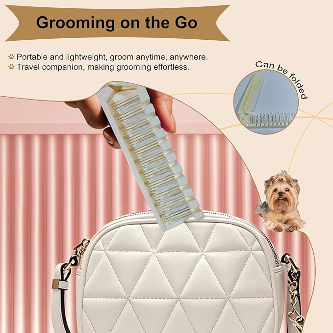 Foldable Dual-Head Puppy Brush Small Dogs Interchangeable Combs Soft Bristles Portable Grooming Tool Yorkie Shih Tzu Maltipoo (White)