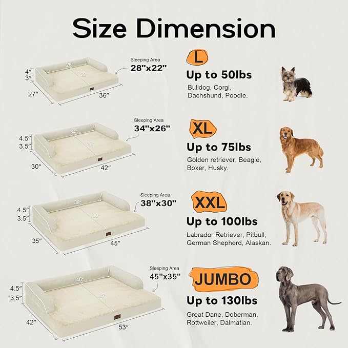 Large Dog Bed Orthopedic Washable: Extra Large Big Dog Bed with Removable Bolster & Memory Foam Couch Sofa - Waterproof Washable with Cover - Beige Dog Bed