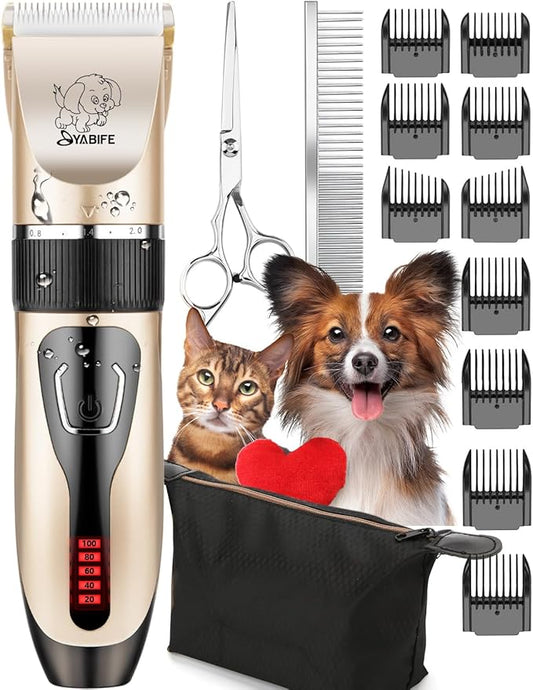 YABIFE Dog Clippers, Cordless Dog Grooming Kit, USB Rechargeable Electric Pets Hair Trimmers Shaver for Dogs, Cats and Small Animals, Whisper Quiet, Wet and Dry Use